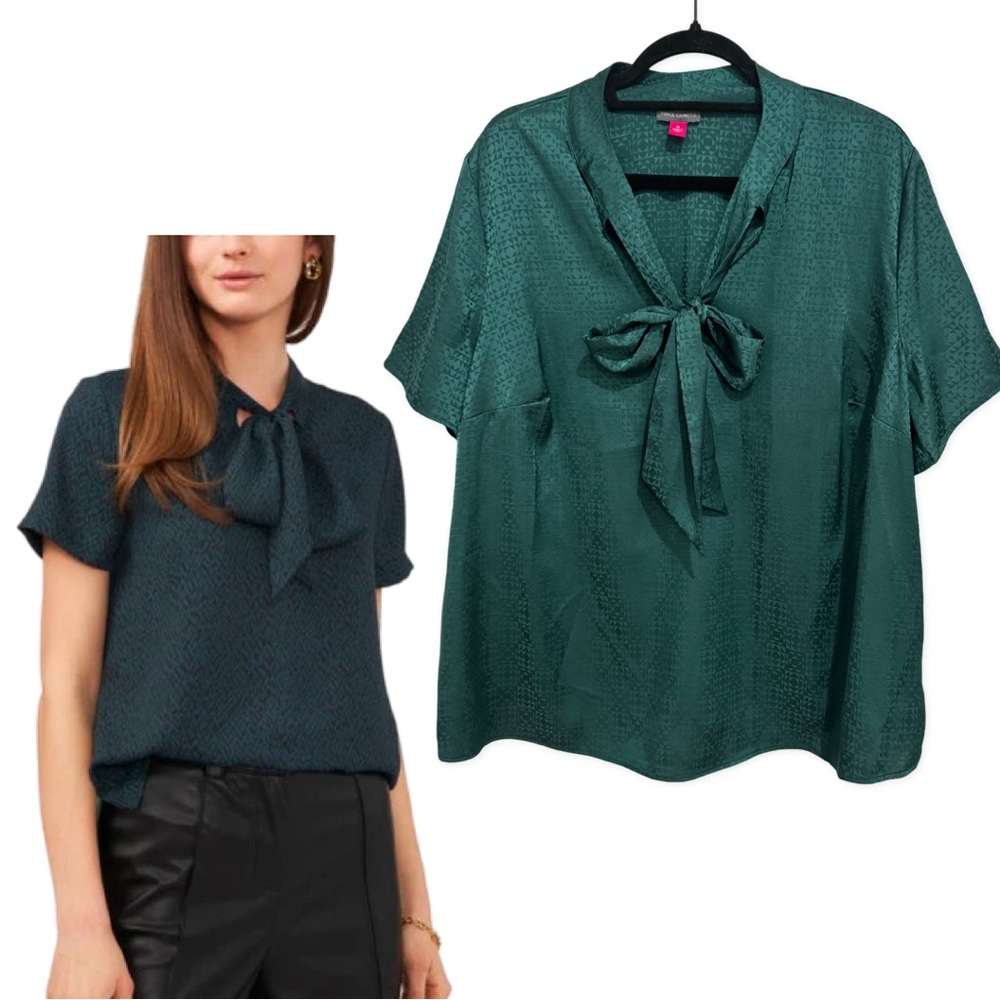 VINCE CAMUTO SHORT SLEEVES BLOUSE TIE NECK GREEN SIZE 1X PLUS LIGHTWEIGHT NEW